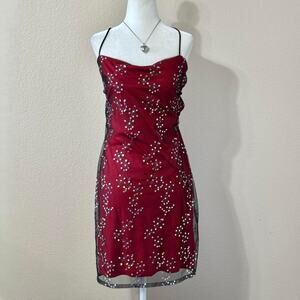 90s red and silver sequin mesh lace up dress